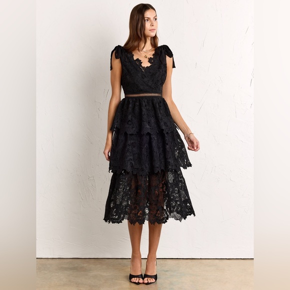 New York & Company Dresses & Skirts - NY&C Floral-Crochet Tiered Tie-Shoulder Dress - Just Me Black Size M